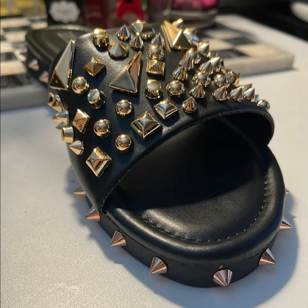 Cape Robbin Black and Gold Sandals with Bold Design Studsed - Picture 6 of 16